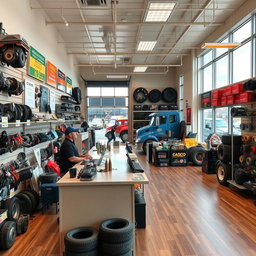 A well-organized truck parts store filled with a variety of truck components
