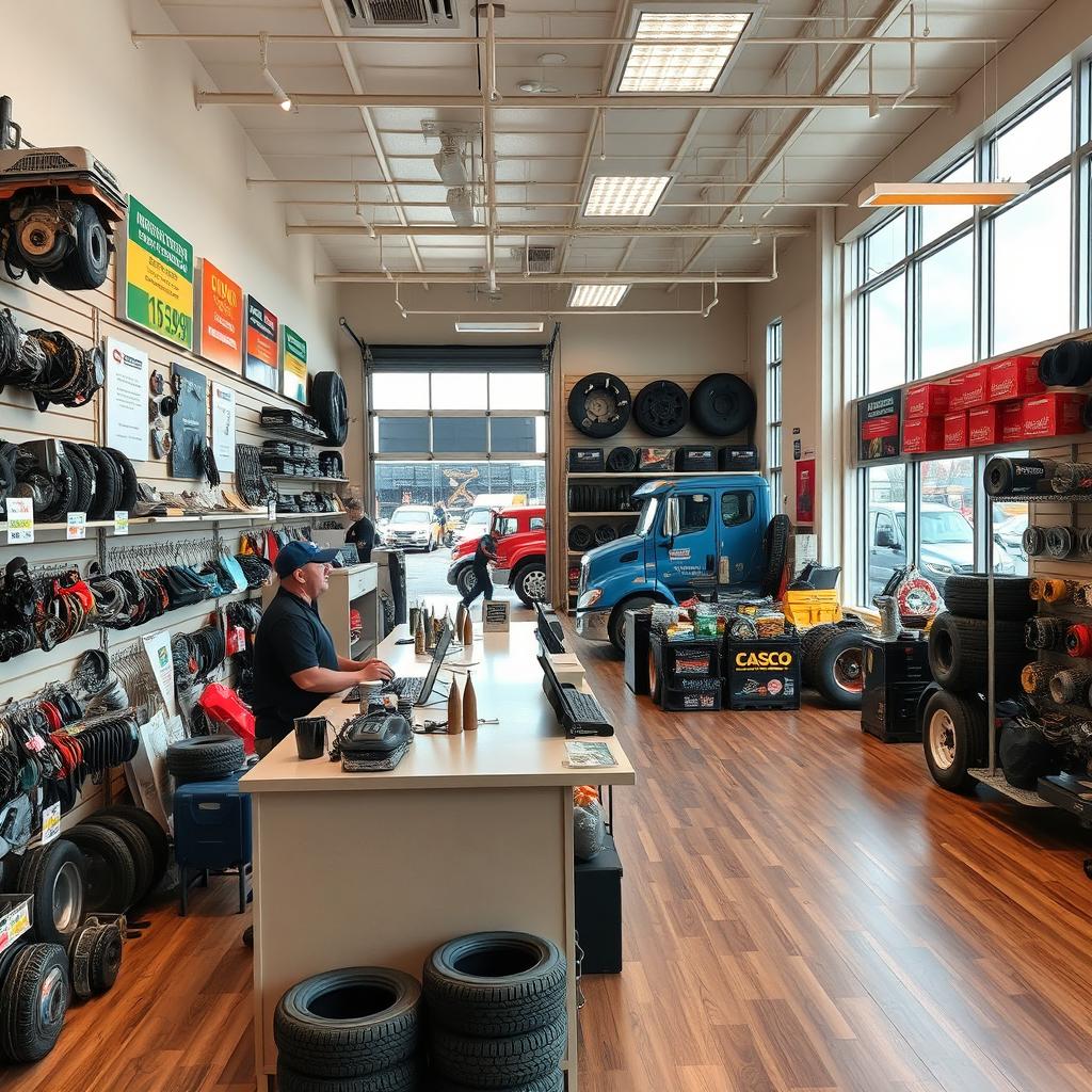 A well-organized truck parts store filled with a variety of truck components