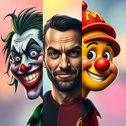 A creative portrait divided into three sections, seamlessly blending the facial features of Finix from 'Joker', Gattuso in his AC Milan outfit, and Ray from McDonald's
