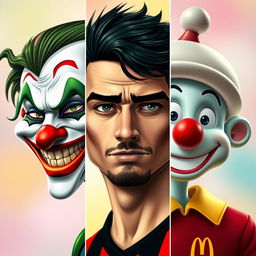A creative portrait divided into three sections, seamlessly blending the facial features of Finix from 'Joker', Gattuso in his AC Milan outfit, and Ray from McDonald's