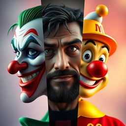 A creative portrait divided into three sections, seamlessly blending the facial features of Finix from 'Joker', Gattuso in his AC Milan outfit, and Ray from McDonald's