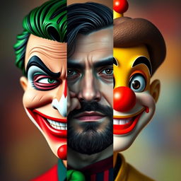 A creative portrait divided into three sections, seamlessly blending the facial features of Finix from 'Joker', Gattuso in his AC Milan outfit, and Ray from McDonald's