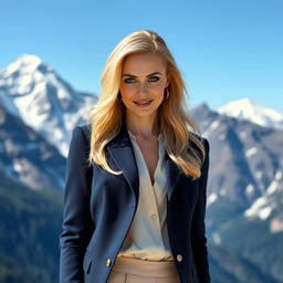 An alluring Russian woman aged 35 to 45, with stunning blonde hair styled in a chic, contemporary fashion