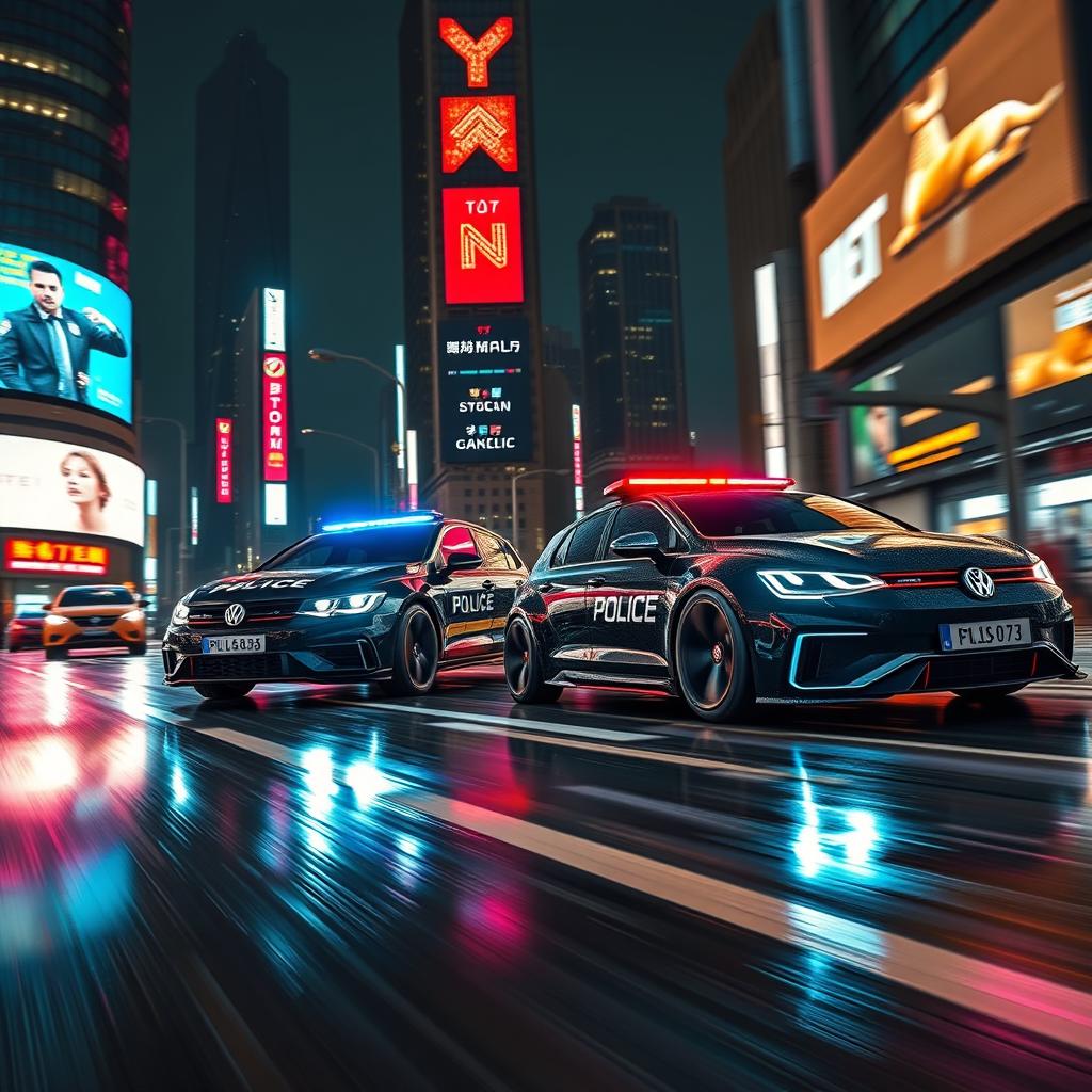 A high-speed chase scene featuring a police car in pursuit of a futuristic Volkswagen Golf R, set in a vibrant, neon-lit city at night