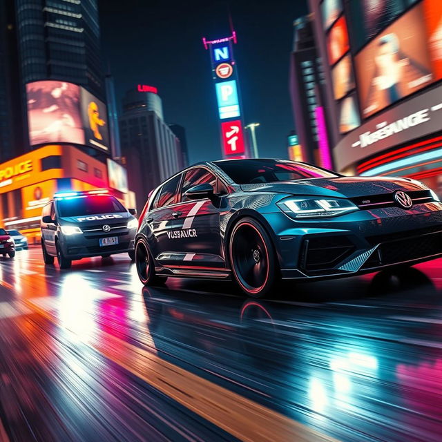 A high-speed chase scene featuring a police car in pursuit of a futuristic Volkswagen Golf R, set in a vibrant, neon-lit city at night