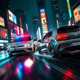 A high-speed chase scene featuring a police car in pursuit of a futuristic Volkswagen Golf R, set in a vibrant, neon-lit city at night