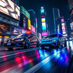 A high-speed chase scene featuring a police car in pursuit of a futuristic Volkswagen Golf R, set in a vibrant, neon-lit city at night