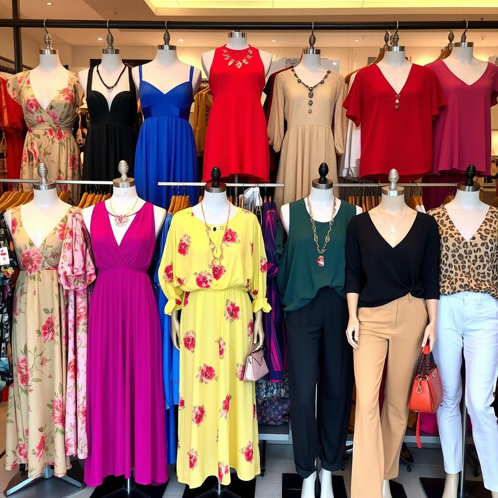 A collection of women's clothing displayed in a boutique setting, featuring a variety of styles including elegant evening dresses, casual day dresses, trendy tops, and stylish pants