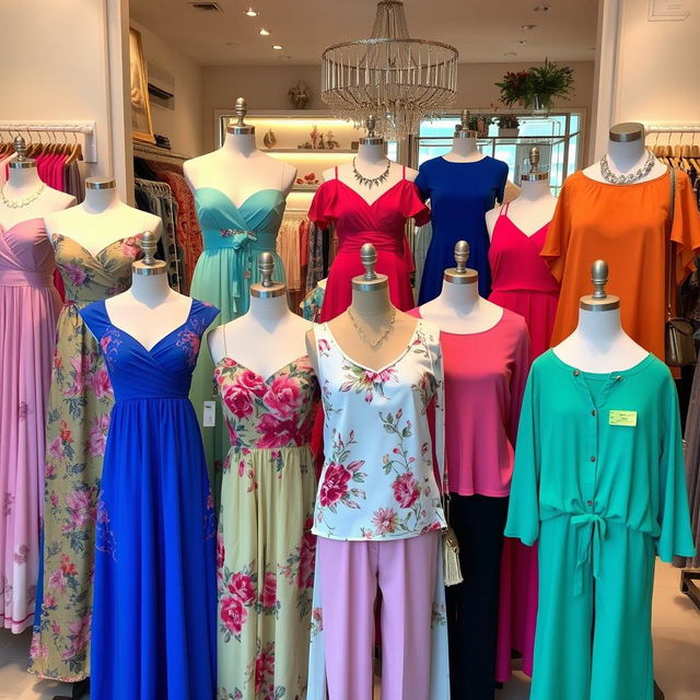 A collection of women's clothing displayed in a boutique setting, featuring a variety of styles including elegant evening dresses, casual day dresses, trendy tops, and stylish pants