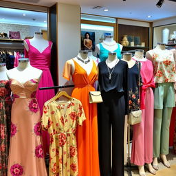 A collection of women's clothing displayed in a boutique setting, featuring a variety of styles including elegant evening dresses, casual day dresses, trendy tops, and stylish pants