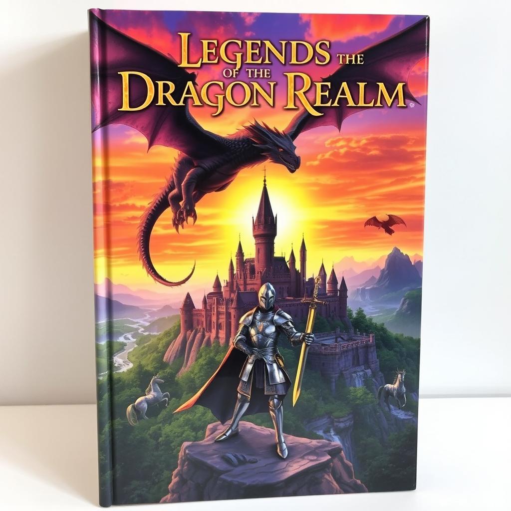 A captivating fantasy book cover featuring an epic dragon soaring over a mystical castle surrounded by lush green forests and sparkling rivers