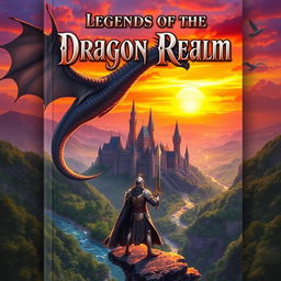 A captivating fantasy book cover featuring an epic dragon soaring over a mystical castle surrounded by lush green forests and sparkling rivers