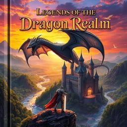 A captivating fantasy book cover featuring an epic dragon soaring over a mystical castle surrounded by lush green forests and sparkling rivers