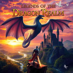 A captivating fantasy book cover featuring an epic dragon soaring over a mystical castle surrounded by lush green forests and sparkling rivers