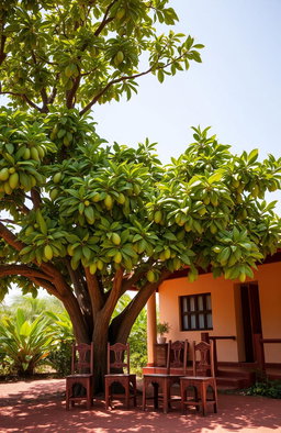 A picturesque scene featuring a huge mango tree outside a charming suburban house in Tanzania