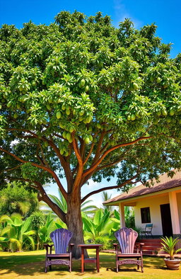 A picturesque scene featuring a huge mango tree outside a charming suburban house in Tanzania