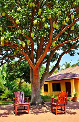 A picturesque scene featuring a huge mango tree outside a charming suburban house in Tanzania