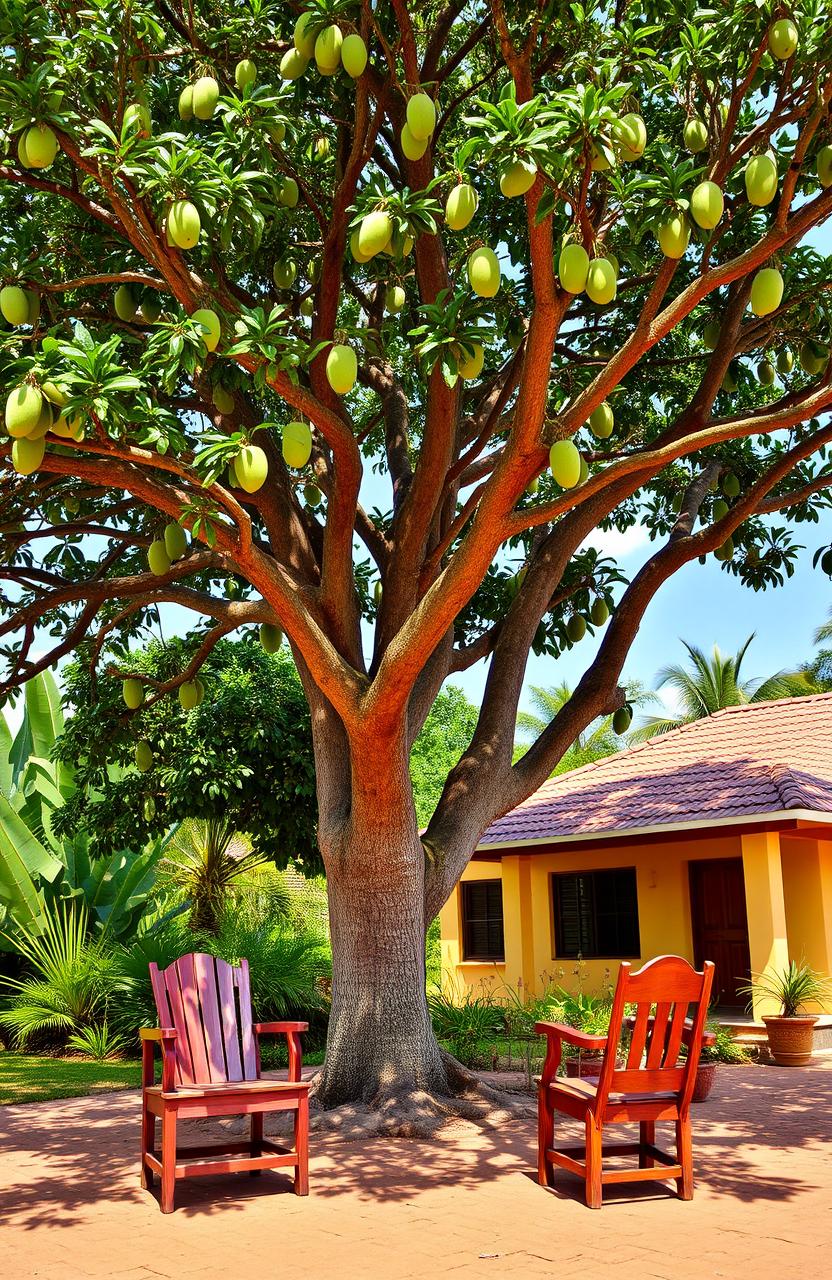 A picturesque scene featuring a huge mango tree outside a charming suburban house in Tanzania