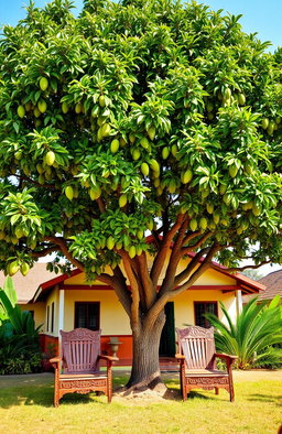 A picturesque scene featuring a huge mango tree outside a charming suburban house in Tanzania