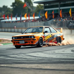A stunning, dynamic scene of a modified Japanese Toyota Corolla performing a 360-degree spin on a racetrack