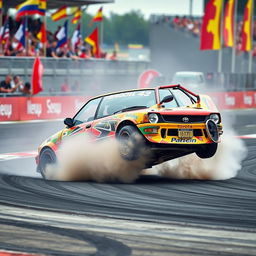 A stunning, dynamic scene of a modified Japanese Toyota Corolla performing a 360-degree spin on a racetrack