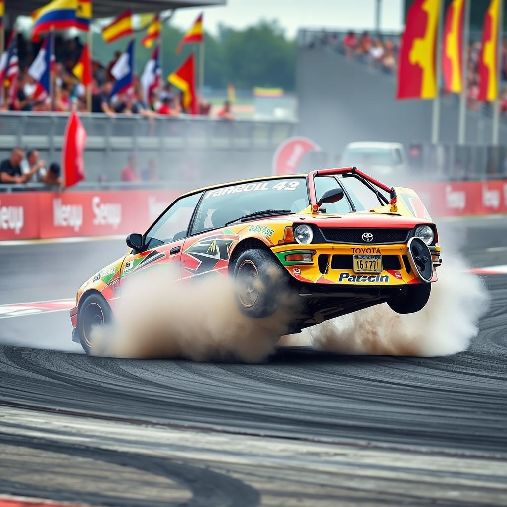 A stunning, dynamic scene of a modified Japanese Toyota Corolla performing a 360-degree spin on a racetrack