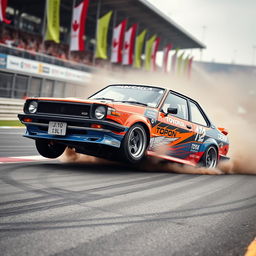 A stunning, dynamic scene of a modified Japanese Toyota Corolla performing a 360-degree spin on a racetrack
