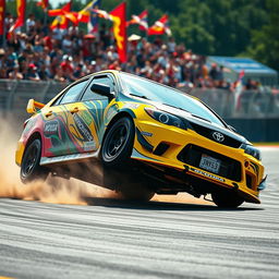 A stunning, dynamic scene of a modified Japanese Toyota Corolla performing a 360-degree spin on a racetrack