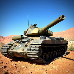 A realistic military tank positioned on a rugged terrain, showcasing detailed textures of metal and camouflage paint