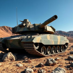 A realistic military tank positioned on a rugged terrain, showcasing detailed textures of metal and camouflage paint