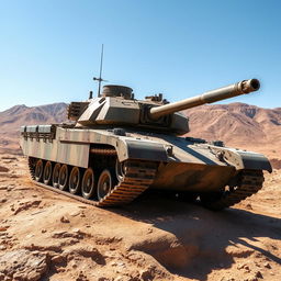 A realistic military tank positioned on a rugged terrain, showcasing detailed textures of metal and camouflage paint