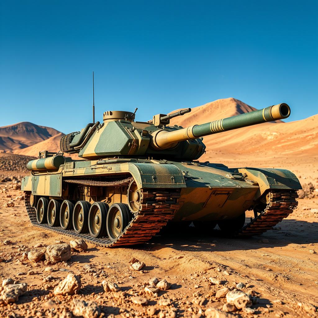 A realistic military tank positioned on a rugged terrain, showcasing detailed textures of metal and camouflage paint