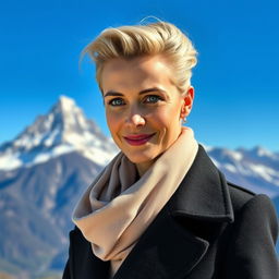 A captivating Russian woman aged 35 to 45 with stunning blonde hair styled in a modern and fashionable way