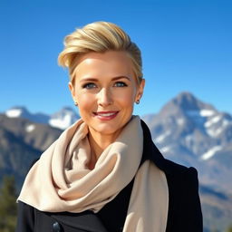 A captivating Russian woman aged 35 to 45 with stunning blonde hair styled in a modern and fashionable way