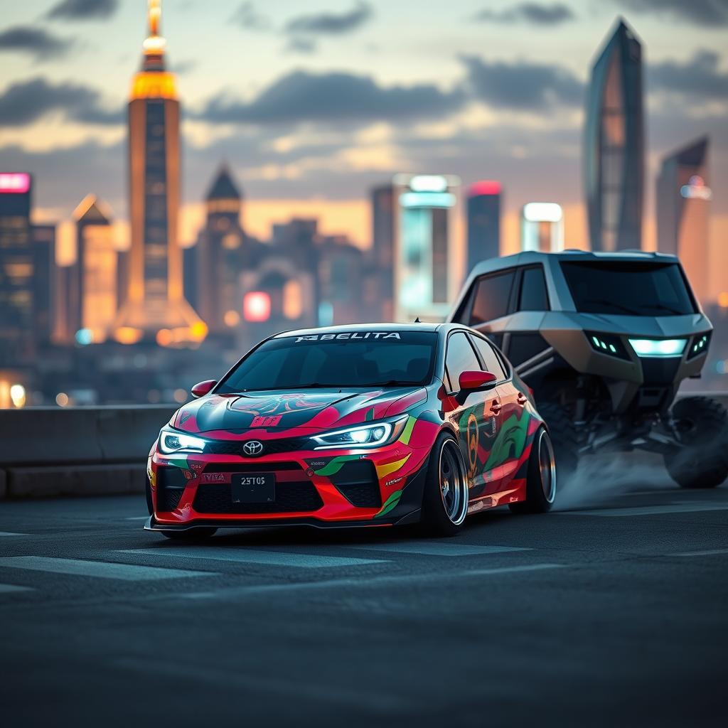 A futuristic scene featuring a modified Japanese Toyota Corolla performing an impressive spin alongside a sleek Cybertruck