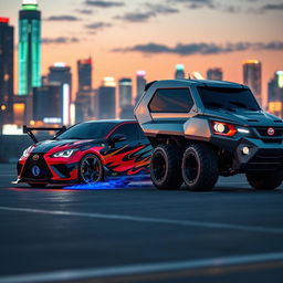 A futuristic scene featuring a modified Japanese Toyota Corolla performing an impressive spin alongside a sleek Cybertruck