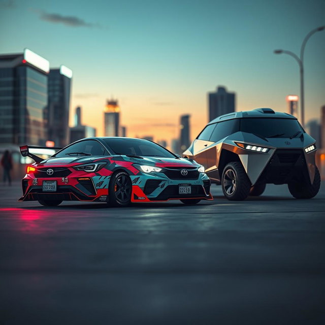 A futuristic scene featuring a modified Japanese Toyota Corolla performing an impressive spin alongside a sleek Cybertruck
