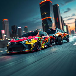 A futuristic scene featuring a modified Japanese Toyota Corolla performing an impressive spin alongside a sleek Cybertruck
