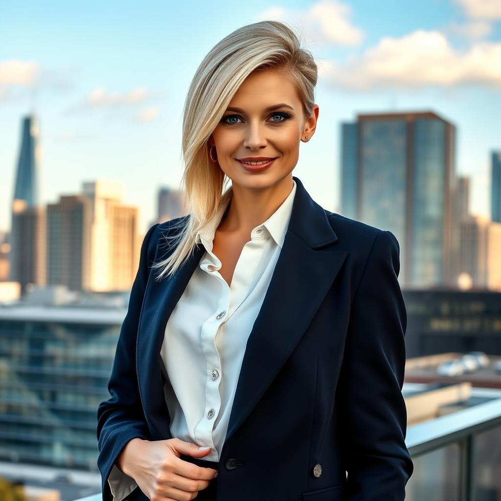 A beautiful Russian woman aged 35 to 45 with striking blonde hair styled in a trendy and fashionable haircut