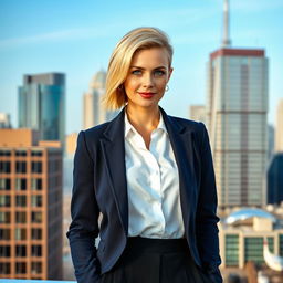 A beautiful Russian woman aged 35 to 45 with striking blonde hair styled in a trendy and fashionable haircut