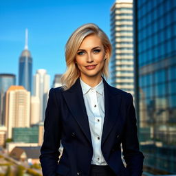 A beautiful Russian woman aged 35 to 45 with striking blonde hair styled in a trendy and fashionable haircut