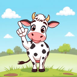 A cartoon-style illustration of a cow standing on a grassy field, with a cheeky expression on its face