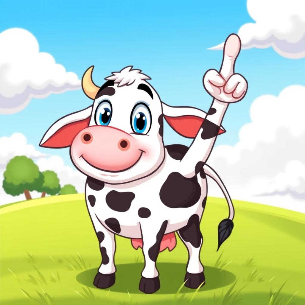 A cartoon-style illustration of a cow standing on a grassy field, with a cheeky expression on its face