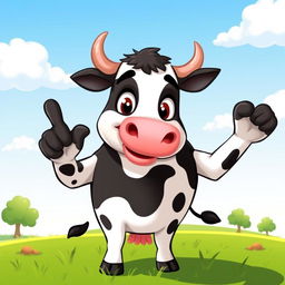 A cartoon-style illustration of a cow standing on a grassy field, with a cheeky expression on its face