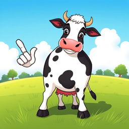 A cartoon-style illustration of a cow standing on a grassy field, with a cheeky expression on its face