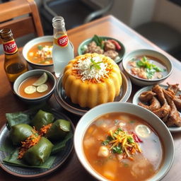 A tantalizing display of traditional Indonesian dishes, beautifully arranged on a wooden table