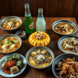 A tantalizing display of traditional Indonesian dishes, beautifully arranged on a wooden table