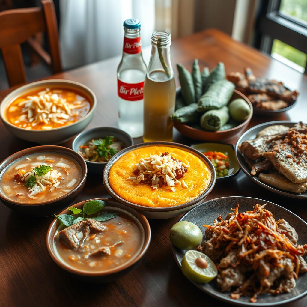 A tantalizing display of traditional Indonesian dishes, beautifully arranged on a wooden table