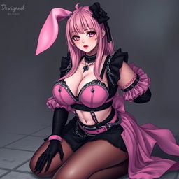 A realistic sexy submissive gothic anime bunny girl, exhibiting a shy and flustered expression with a light blush on her cheeks