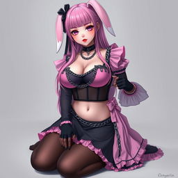 A realistic sexy submissive gothic anime bunny girl, exhibiting a shy and flustered expression with a light blush on her cheeks